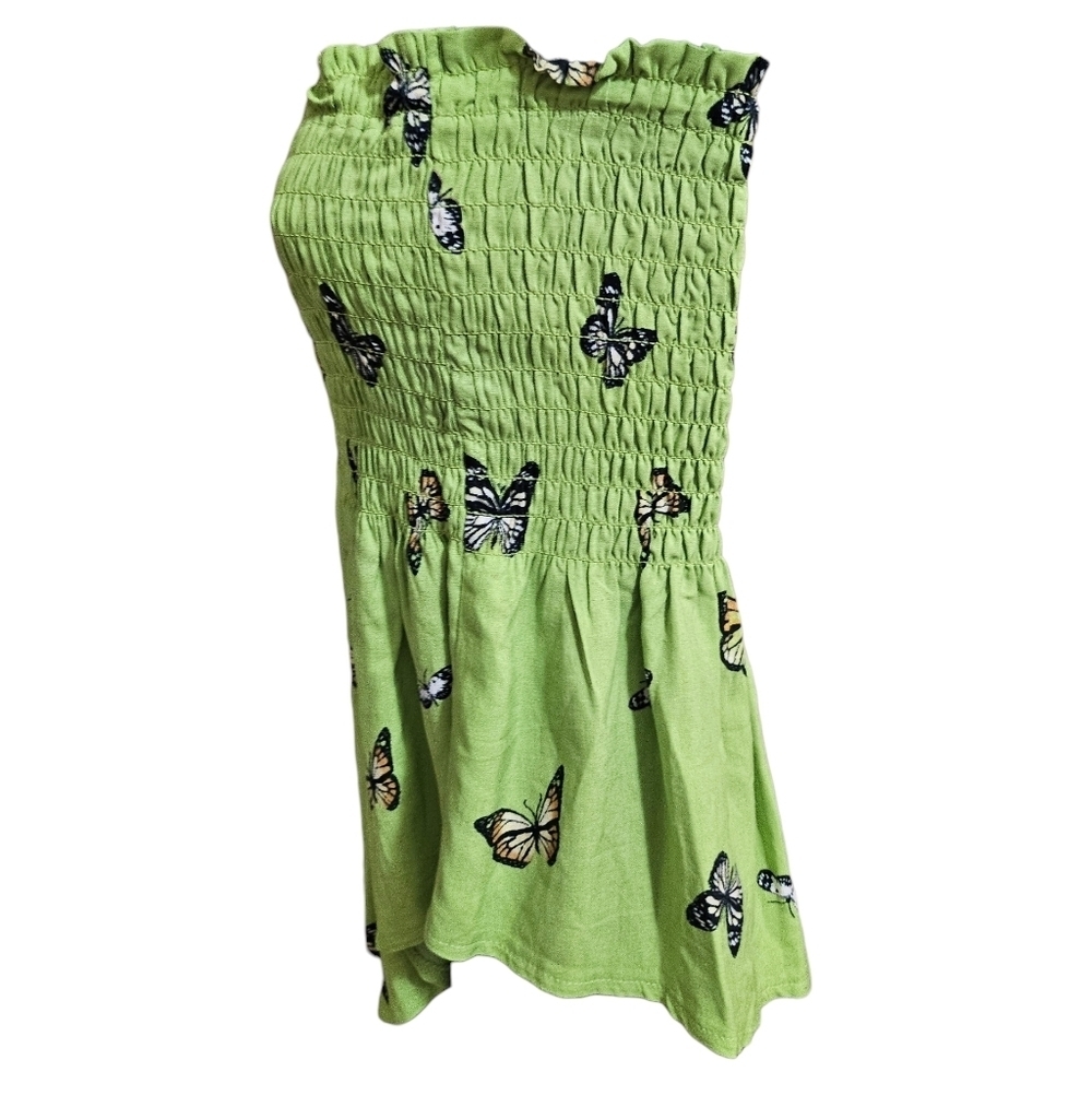 Y2K Stich & Pine Lime Green Smocked Flowy Cropped Tube Top With Butterflies - Picture 3 of 7